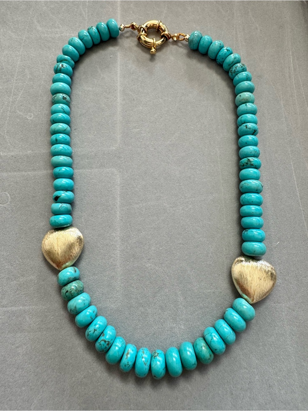 Turquoise Beaded Necklace with Brushed Gold Heart Accents